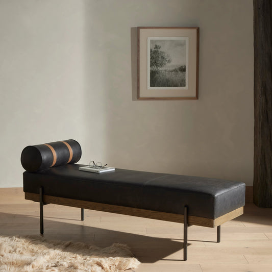 Giorgio Accent Bench by Four Hands in rialto ebony. Made from top grain leather, iron, solid oak in a modern style.