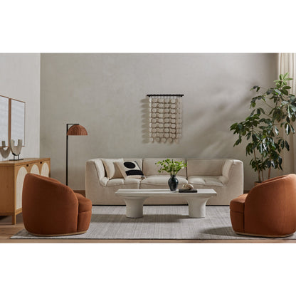 Sandie Swivel Chair by Four Hands in gibson silver and tawny oak. Made from 97% polyester, 3% acrylic, solid oak, poplar plywood in a modern style.