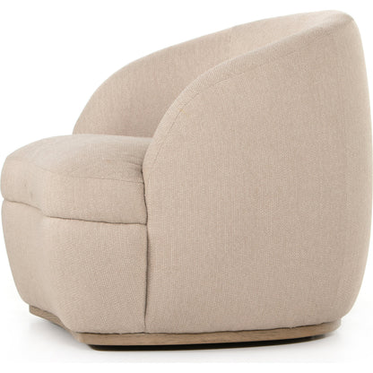 Sandie Swivel Chair by Four Hands in gibson silver and tawny oak. Made from 97% polyester, 3% acrylic, solid oak, poplar plywood in a modern style.