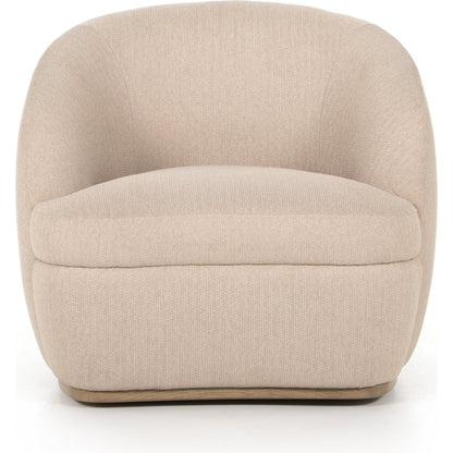 Sandie Swivel Chair by Four Hands in gibson silver and tawny oak. Made from 97% polyester, 3% acrylic, solid oak, poplar plywood in a modern style.