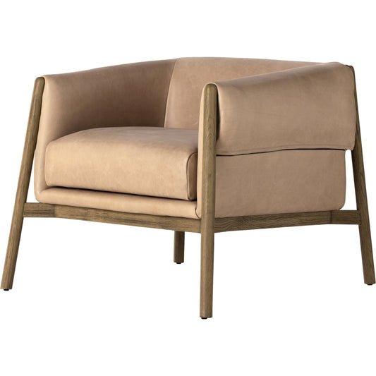 Idris Chair by Four Hands in palermo nude and tawny oak. Made from top grain leather, solid oak, poplar plywood in a modern style.