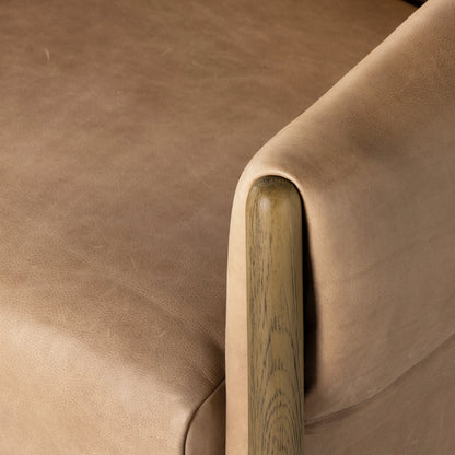 Idris Chair by Four Hands in palermo nude and tawny oak. Made from top grain leather, solid oak, poplar plywood in a modern style.
