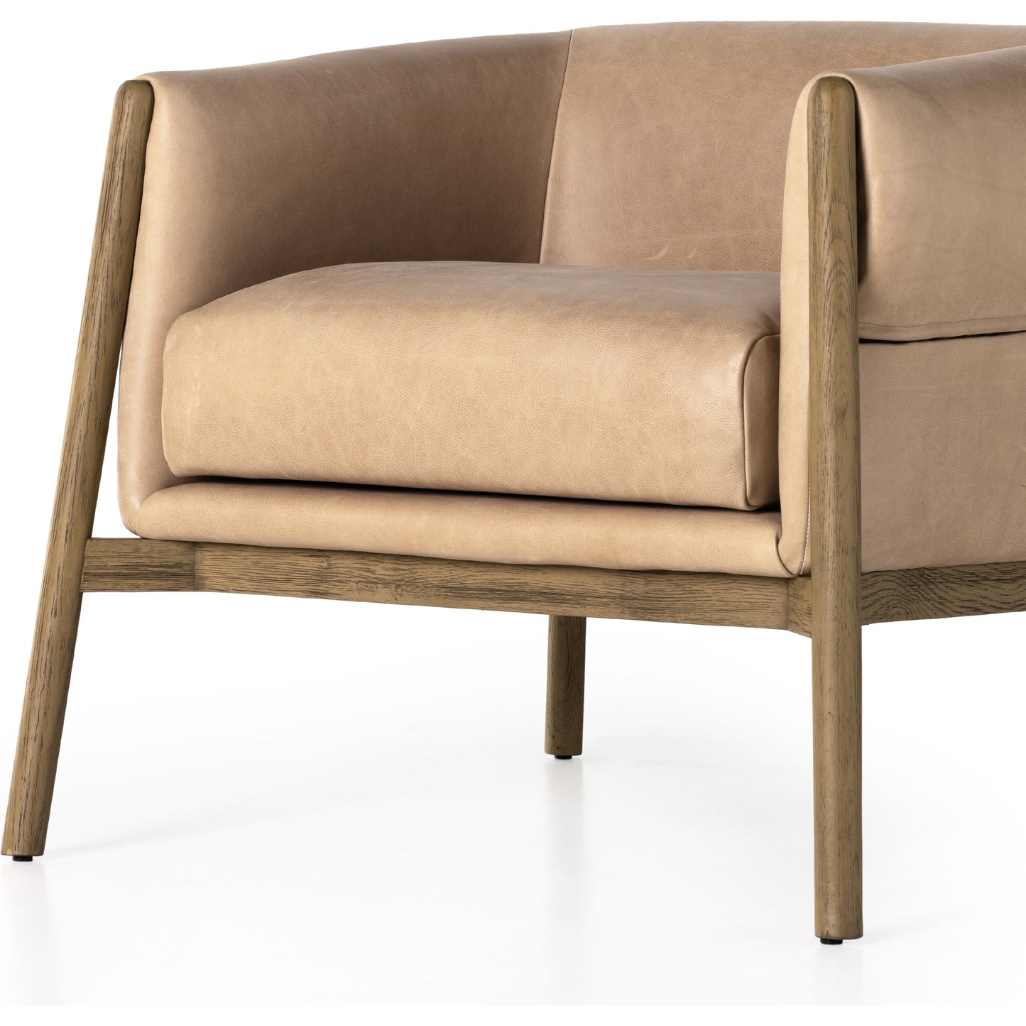 032 SI-1901114 | Closeup | Idris Chair by Four Hands in palermo nude and tawny oak. Made from top grain leather, solid oak, poplar plywood in a modern style.