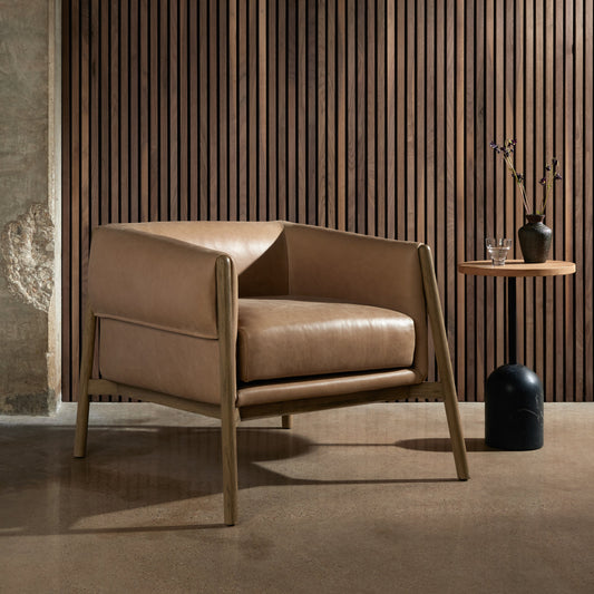 Idris Chair by Four Hands in palermo nude and tawny oak. Made from top grain leather, solid oak, poplar plywood in a modern style.