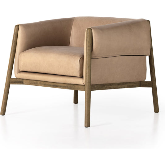 Idris Chair by Four Hands in palermo nude and tawny oak. Made from top grain leather, solid oak, poplar plywood in a modern style.