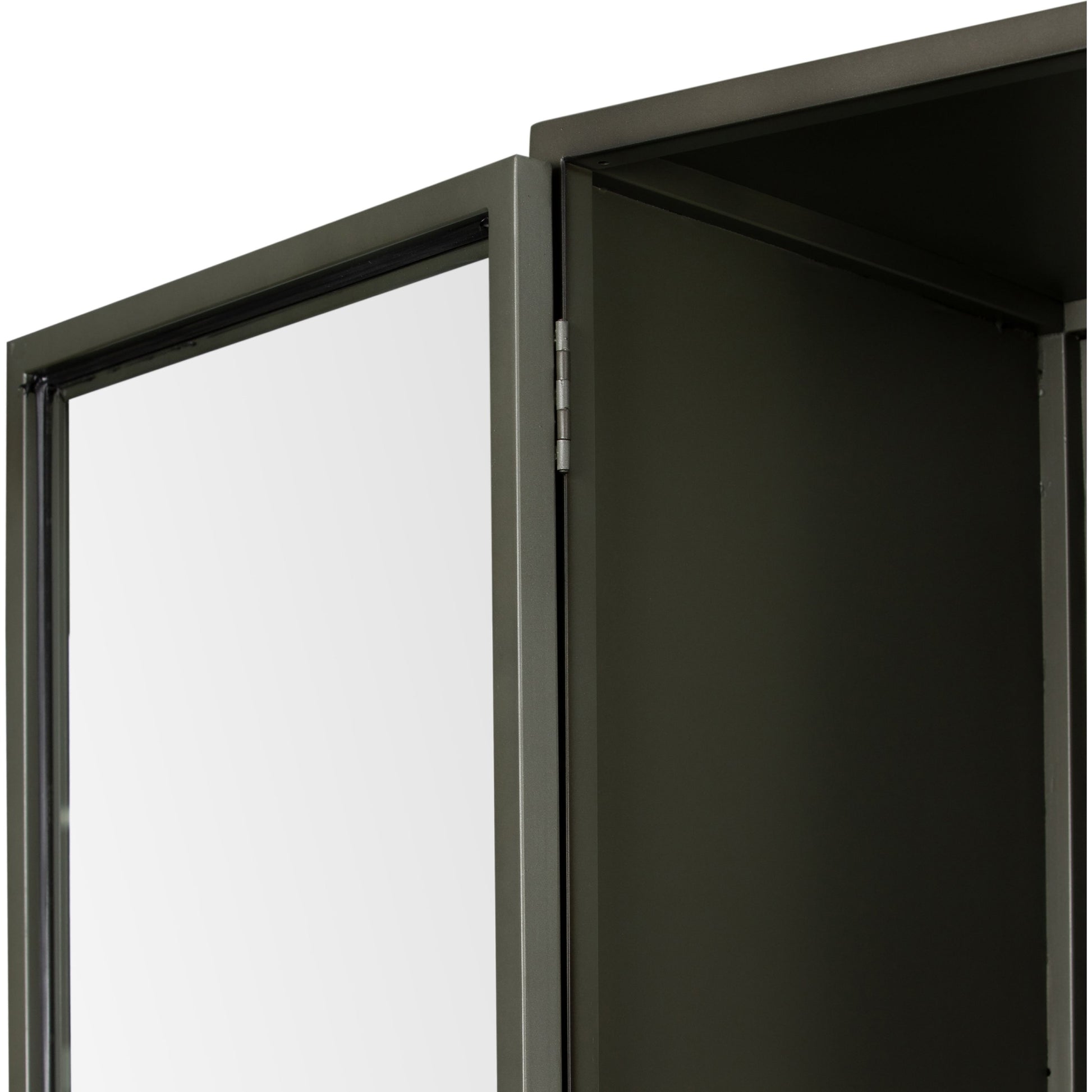 Shadow Box Cabinet by Four Hands in black, weathered bronze. Made from iron in a modern style.