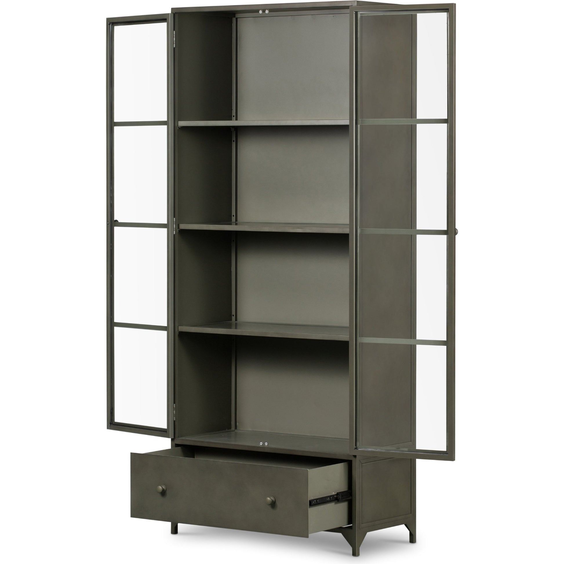 Shadow Box Cabinet by Four Hands in black, weathered bronze. Made from iron in a modern style.