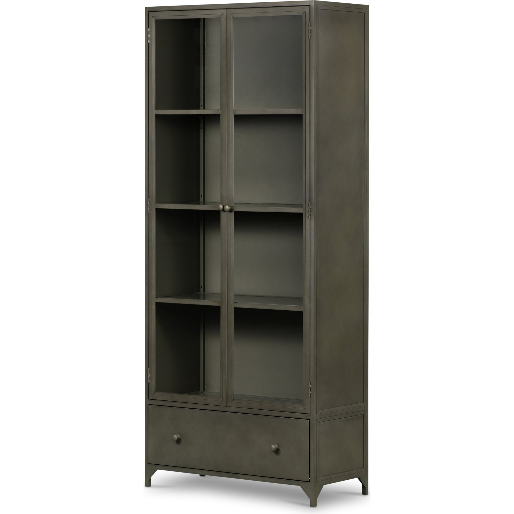 Shadow Box Cabinet by Four Hands in black, weathered bronze. Made from iron in a modern style.