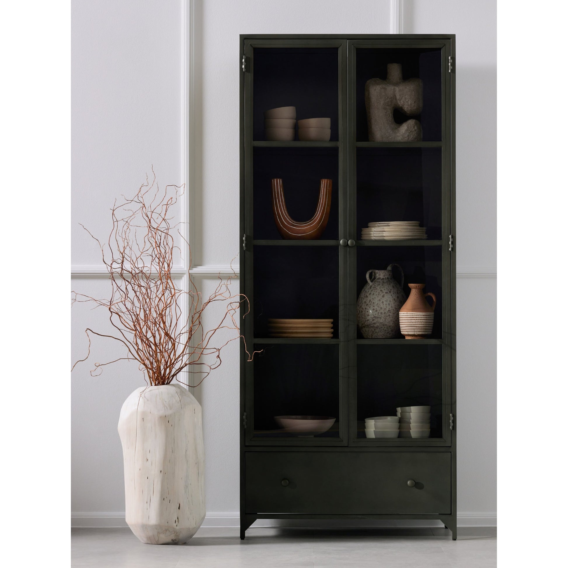 Shadow Box Cabinet by Four Hands in black, weathered bronze. Made from iron in a modern style.