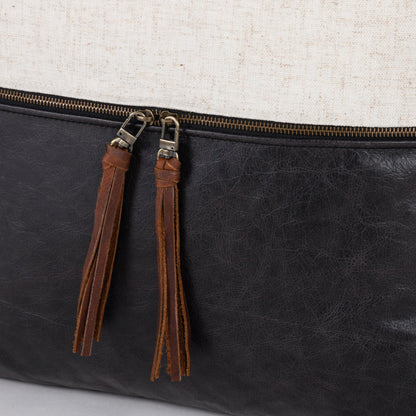 Leather and Linen Pillow by Four Hands in thames cream, sonoma butterscotch and butterscotch. Made from top grain leather, 66% polyester, 19% acrylic, 15% flax, linen in a eclectic & global style.