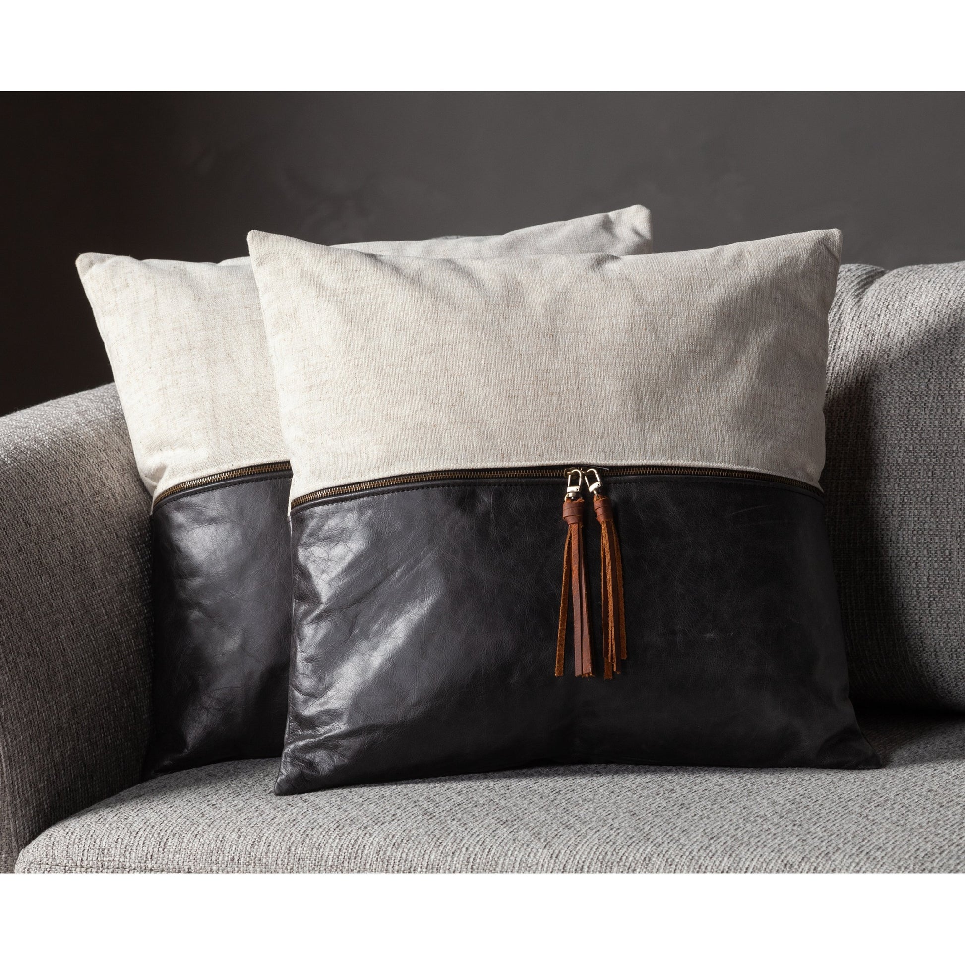 Leather and Linen Pillow by Four Hands in thames cream, sonoma butterscotch and butterscotch. Made from top grain leather, 66% polyester, 19% acrylic, 15% flax, linen in a eclectic & global style.