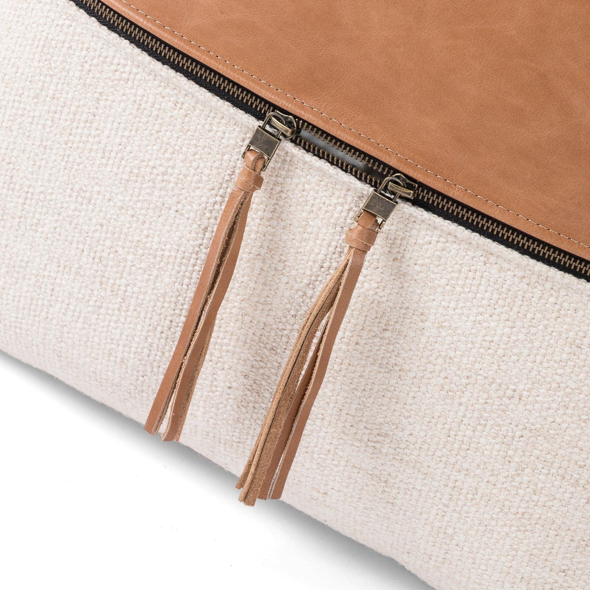 Leather and Linen Pillow by Four Hands in thames cream, sonoma butterscotch and butterscotch. Made from top grain leather, 66% polyester, 19% acrylic, 15% flax, linen in a eclectic & global style.