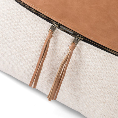 Leather and Linen Pillow by Four Hands in thames cream, sonoma butterscotch and butterscotch. Made from top grain leather, 66% polyester, 19% acrylic, 15% flax, linen in a eclectic & global style.