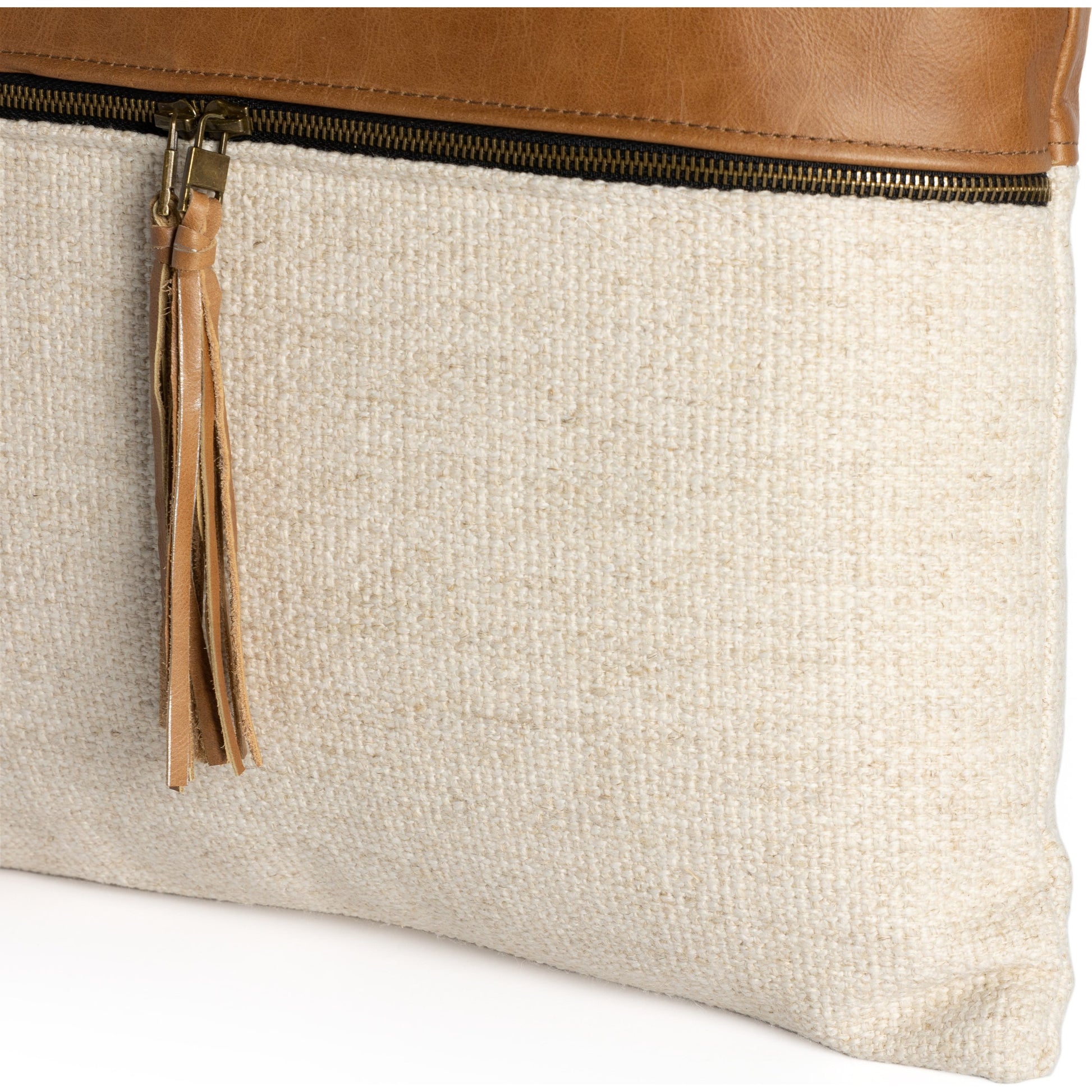 Leather and Linen Pillow by Four Hands in thames cream, sonoma butterscotch and butterscotch. Made from top grain leather, 66% polyester, 19% acrylic, 15% flax, linen in a eclectic & global style.