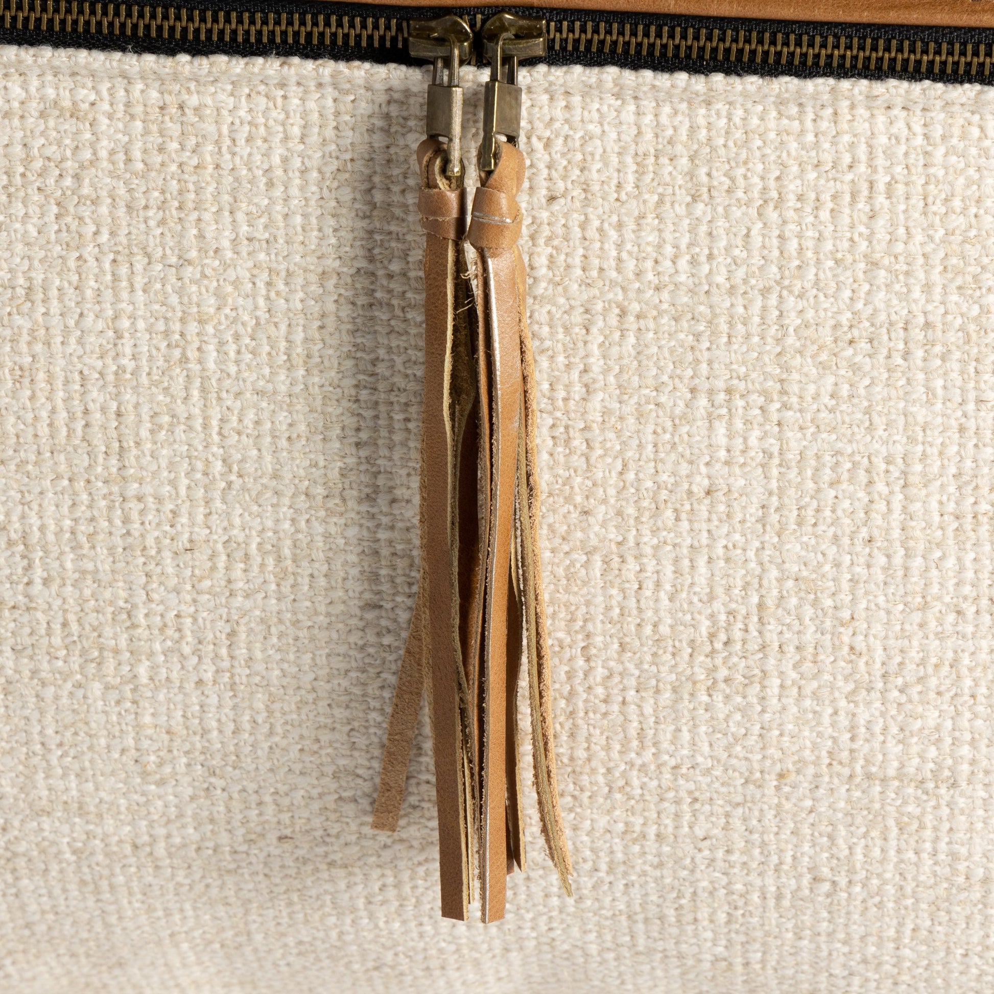 Leather and Linen Pillow by Four Hands in thames cream, sonoma butterscotch and butterscotch. Made from top grain leather, 66% polyester, 19% acrylic, 15% flax, linen in a eclectic & global style.