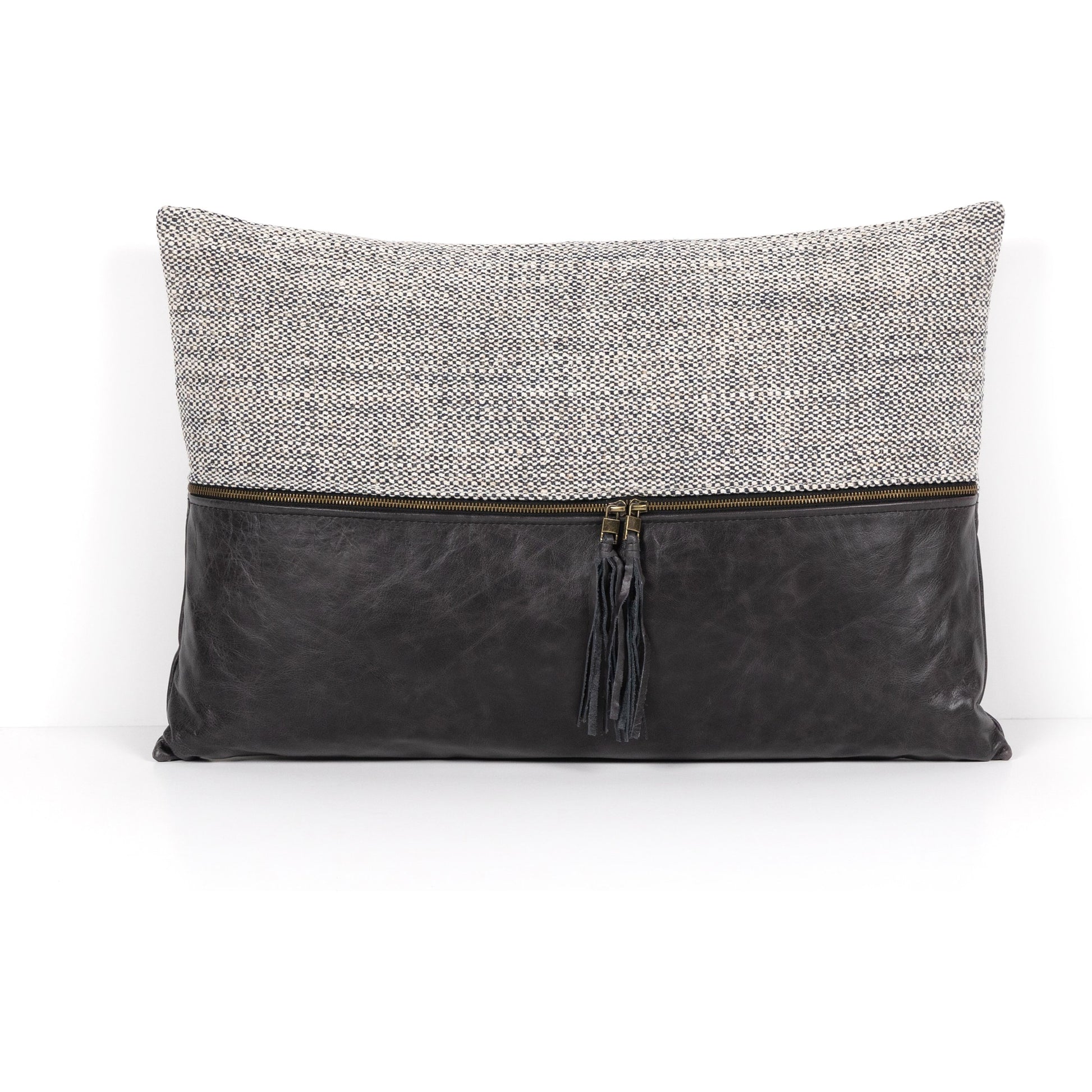 Leather and Linen Pillow by Four Hands in thames cream, sonoma butterscotch and butterscotch. Made from top grain leather, 66% polyester, 19% acrylic, 15% flax, linen in a eclectic & global style.