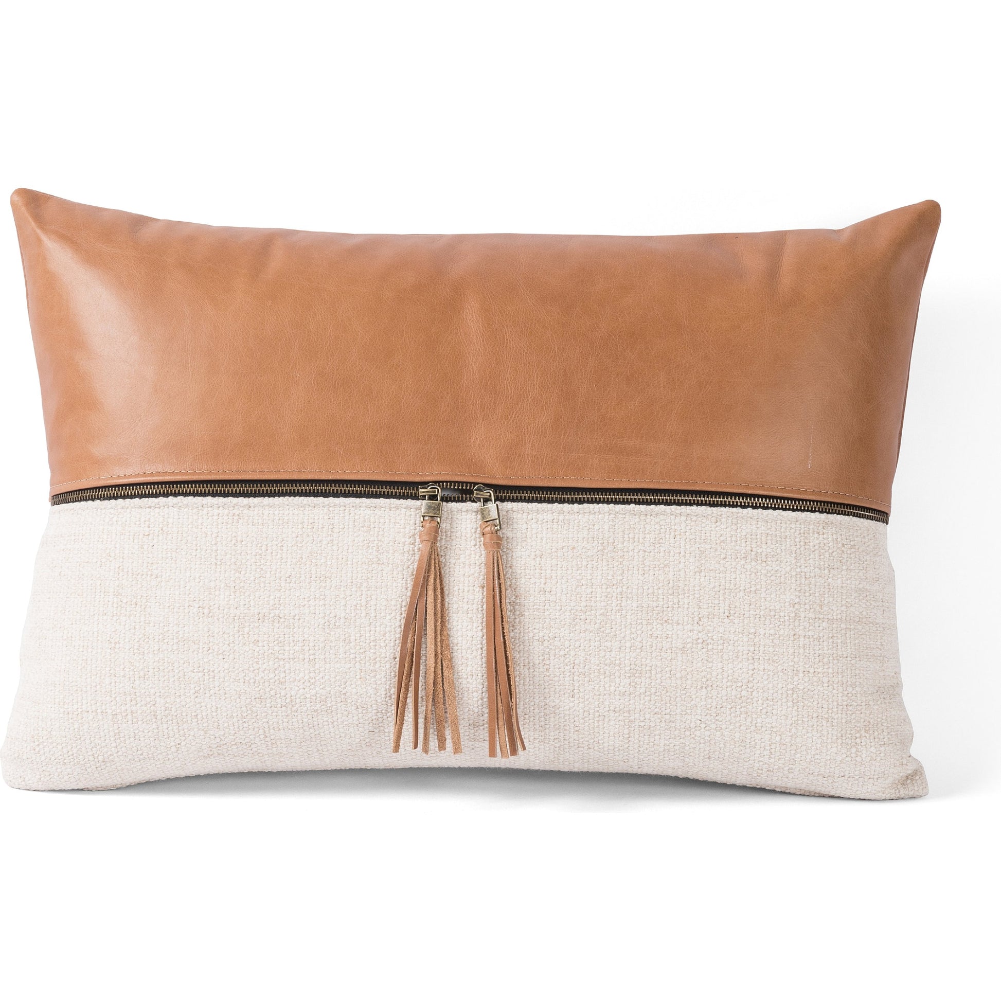 Leather and Linen Pillow by Four Hands in thames cream, sonoma butterscotch and butterscotch. Made from top grain leather, 66% polyester, 19% acrylic, 15% flax, linen in a eclectic & global style.