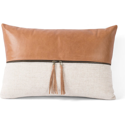 Leather and Linen Pillow by Four Hands in thames cream, sonoma butterscotch and butterscotch. Made from top grain leather, 66% polyester, 19% acrylic, 15% flax, linen in a eclectic & global style.