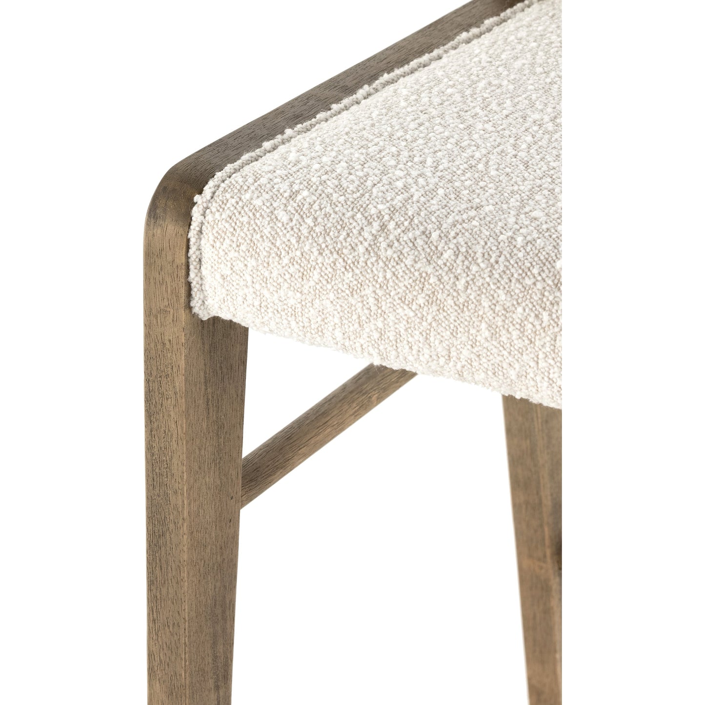 015 SI-1798871 | Closeup | Charon Counter Stool by Four Hands in knoll natural and weathered drift. Made from 95% polyester, 5% acrylic, solid parawood, 100% polyester in a transitional style.
