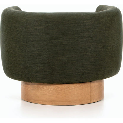 Calista Swivel Chair by Four Hands in atlantis moss. Made from 90% polyester, 10% viscose (rayon), oak veneer, rubberwood plywood in a modern style.