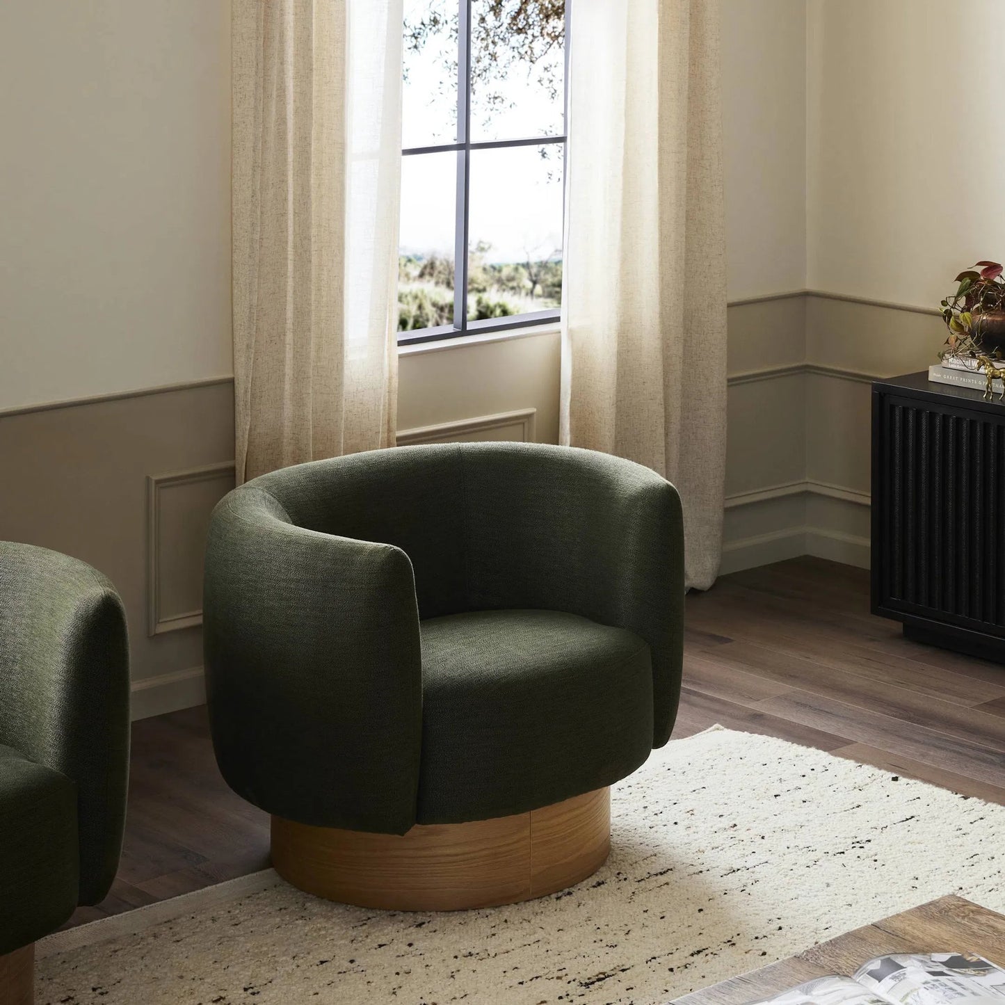 044 SI-1798986 | Lifestyle | Calista Swivel Chair by Four Hands in atlantis moss. Made from 90% polyester, 10% viscose (rayon), oak veneer, rubberwood plywood in a modern style.
