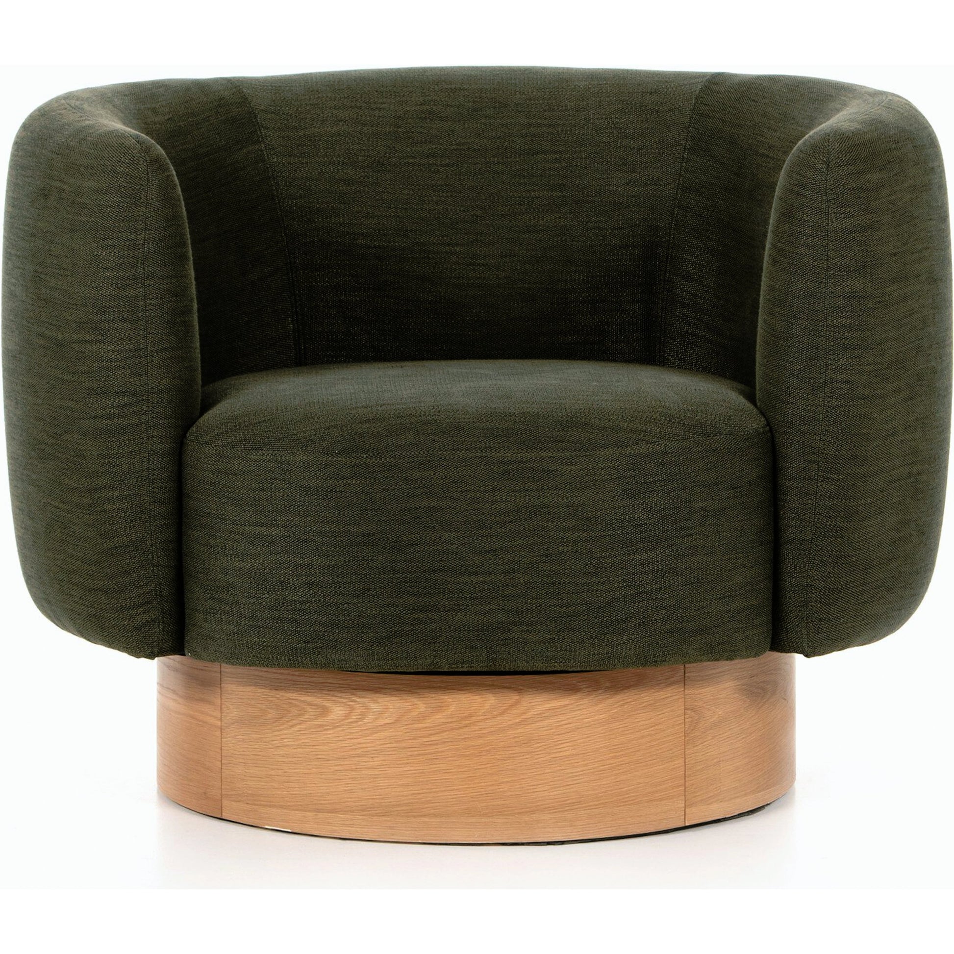 Calista Swivel Chair by Four Hands in atlantis moss. Made from 90% polyester, 10% viscose (rayon), oak veneer, rubberwood plywood in a modern style.