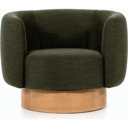 Calista Swivel Chair by Four Hands in atlantis moss. Made from 90% polyester, 10% viscose (rayon), oak veneer, rubberwood plywood in a modern style.