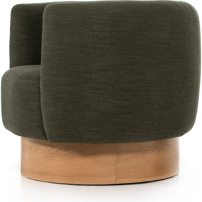 Calista Swivel Chair by Four Hands in atlantis moss. Made from 90% polyester, 10% viscose (rayon), oak veneer, rubberwood plywood in a modern style.