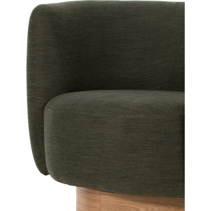 Calista Swivel Chair by Four Hands in atlantis moss. Made from 90% polyester, 10% viscose (rayon), oak veneer, rubberwood plywood in a modern style.