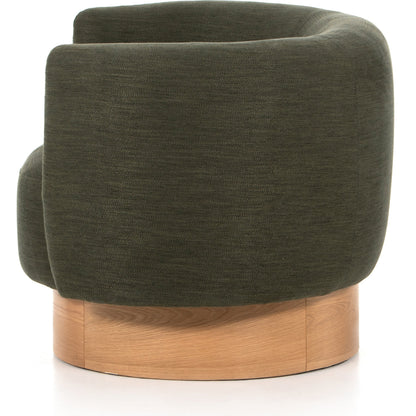 Calista Swivel Chair by Four Hands in atlantis moss. Made from 90% polyester, 10% viscose (rayon), oak veneer, rubberwood plywood in a modern style.