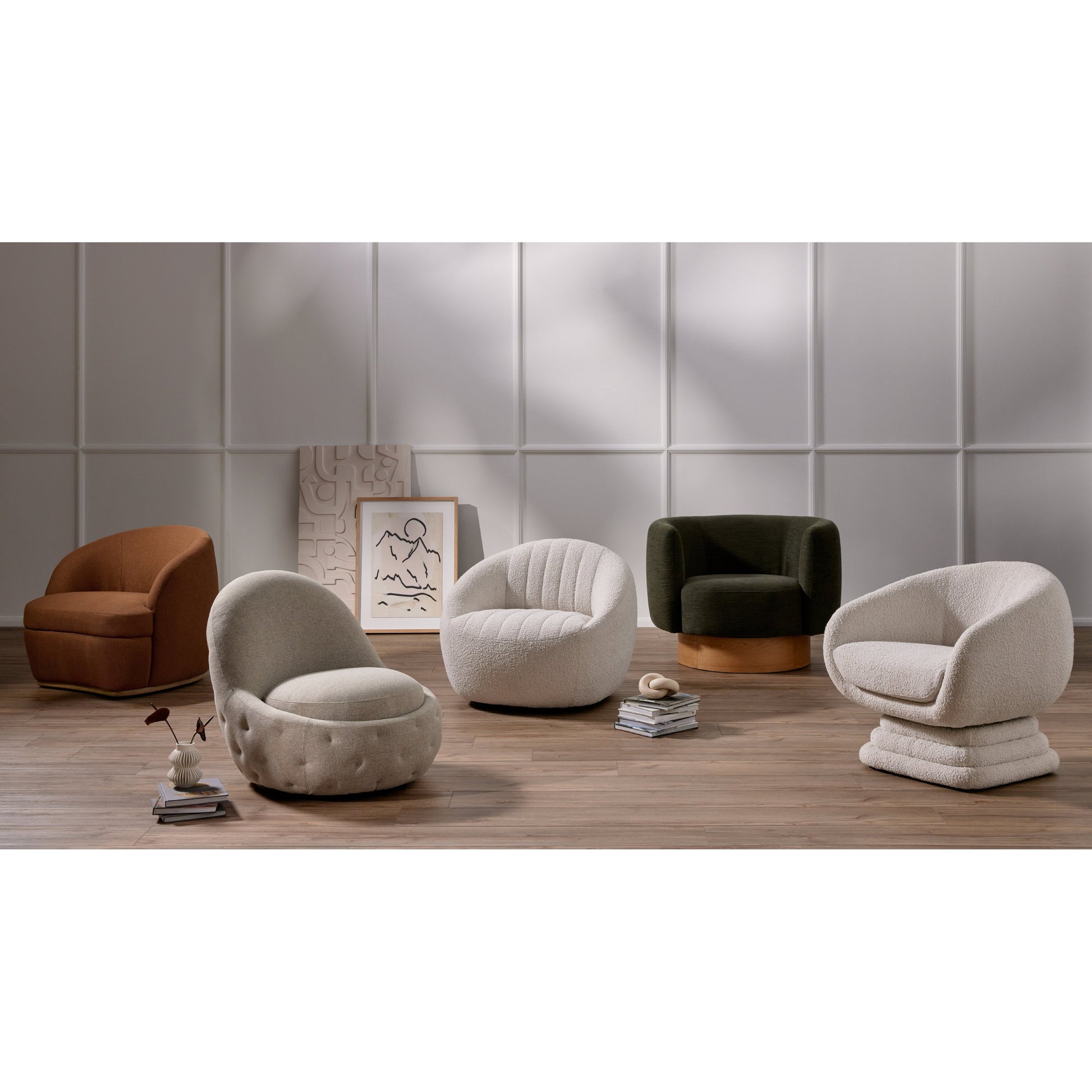 Calista Swivel Chair by Four Hands in atlantis moss. Made from 90% polyester, 10% viscose (rayon), oak veneer, rubberwood plywood in a modern style.