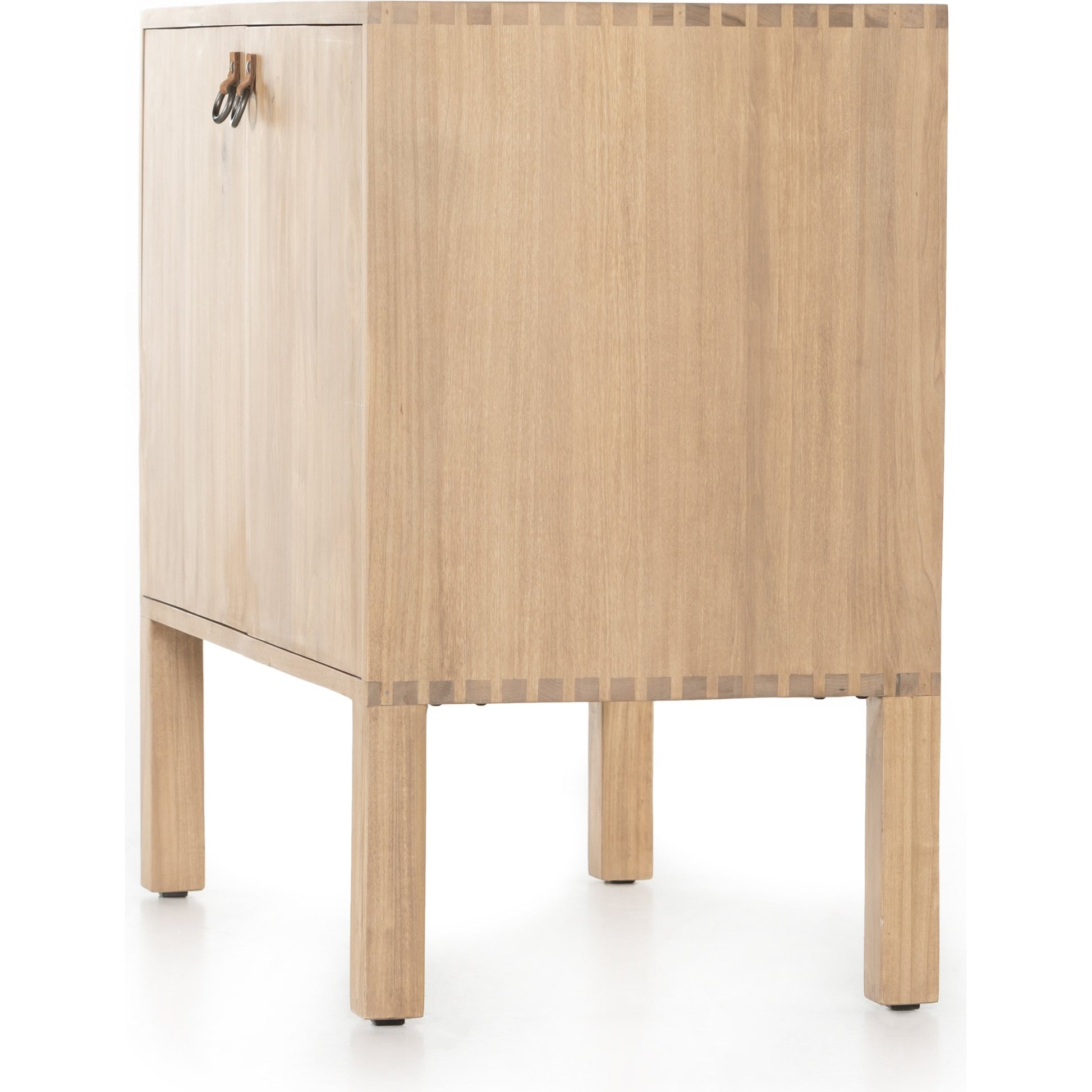 Isador Bar Cabinet by Four Hands in black wash poplar, natural iron, black leather and black wash poplar. Made from solid poplar, top grain leather in a modern style.