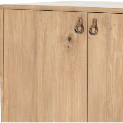 Isador Bar Cabinet by Four Hands in black wash poplar, natural iron, black leather and black wash poplar. Made from solid poplar, top grain leather in a modern style.