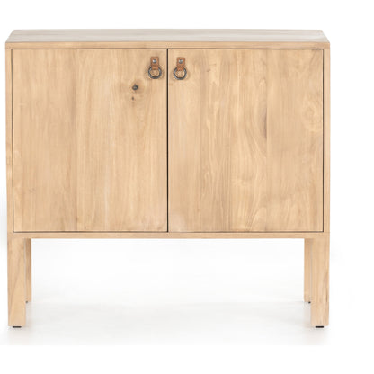 Isador Bar Cabinet by Four Hands in black wash poplar, natural iron, black leather and black wash poplar. Made from solid poplar, top grain leather in a modern style.