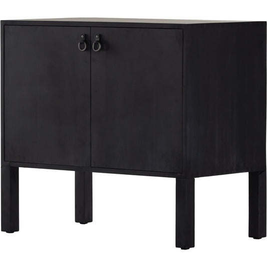 Isador Bar Cabinet by Four Hands in black wash poplar, natural iron, black leather and black wash poplar. Made from solid poplar, top grain leather in a modern style.