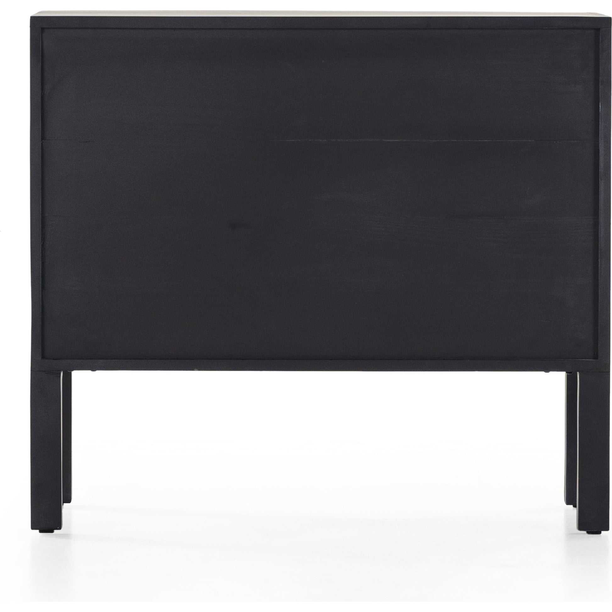 Isador Bar Cabinet by Four Hands in black wash poplar, natural iron, black leather and black wash poplar. Made from solid poplar, top grain leather in a modern style.