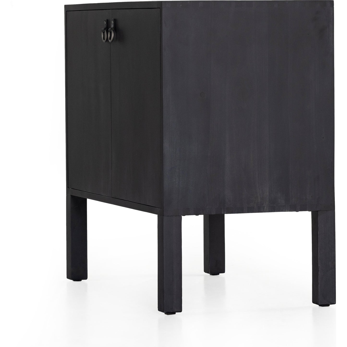 002 SI-1902046 | Additional Silo | Isador Bar Cabinet by Four Hands in black wash poplar, natural iron, black leather and black wash poplar. Made from solid poplar, top grain leather in a modern style.