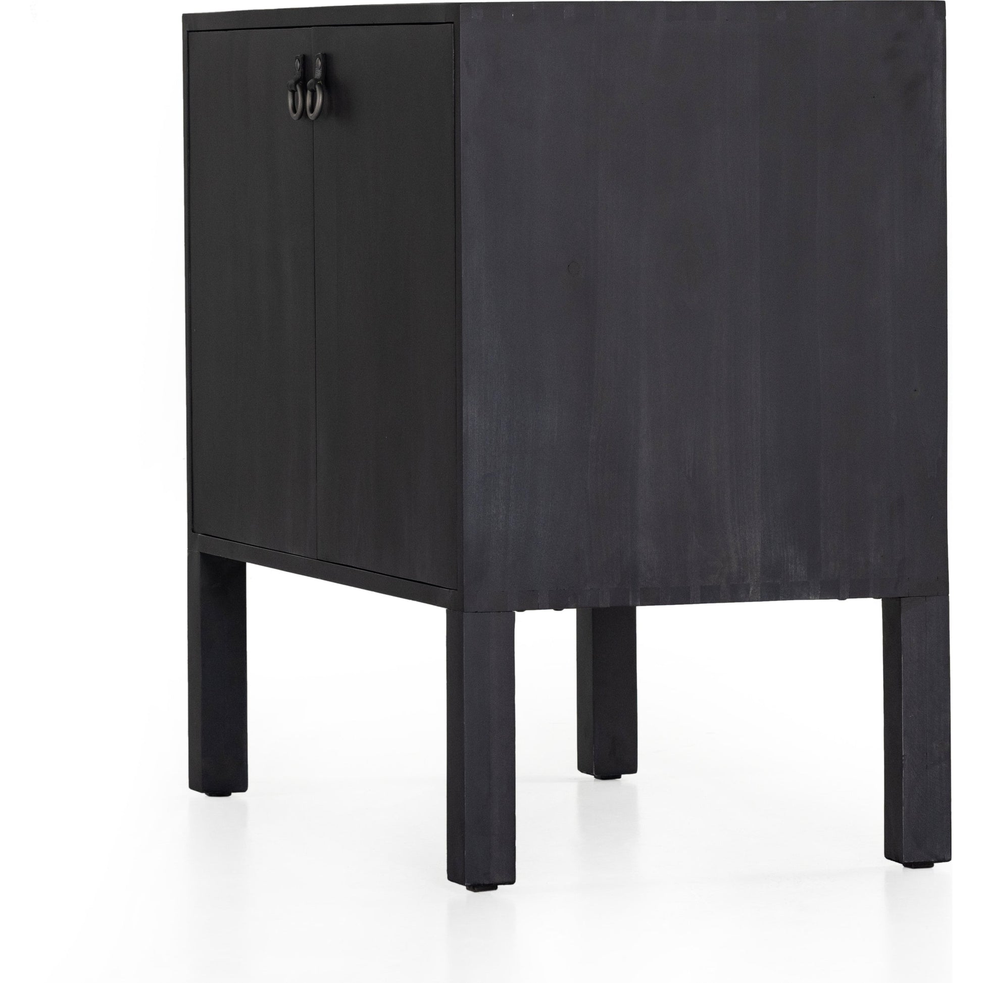 Isador Bar Cabinet by Four Hands in black wash poplar, natural iron, black leather and black wash poplar. Made from solid poplar, top grain leather in a modern style.