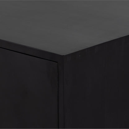 Isador Bar Cabinet by Four Hands in black wash poplar, natural iron, black leather and black wash poplar. Made from solid poplar, top grain leather in a modern style.