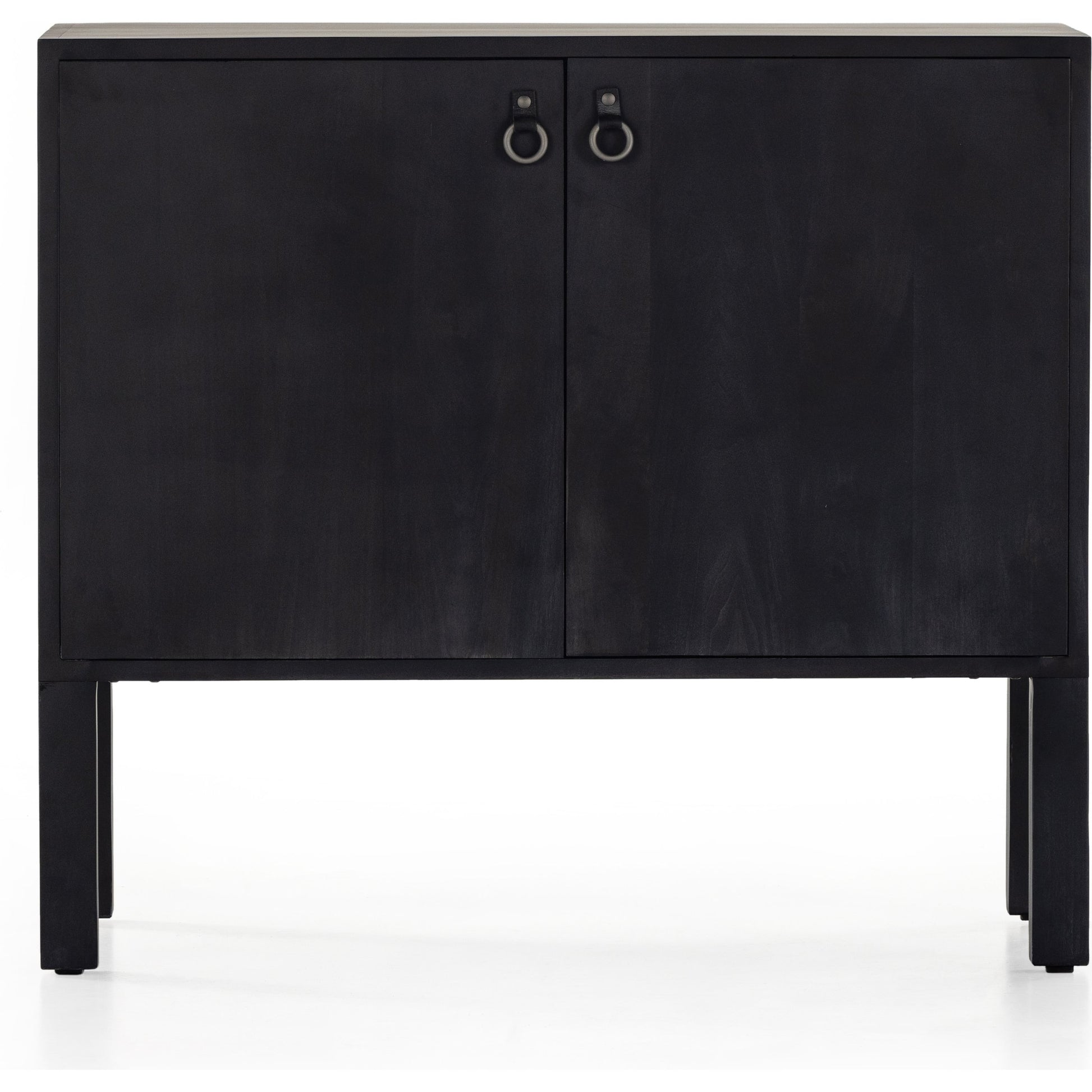 Isador Bar Cabinet by Four Hands in black wash poplar, natural iron, black leather and black wash poplar. Made from solid poplar, top grain leather in a modern style.