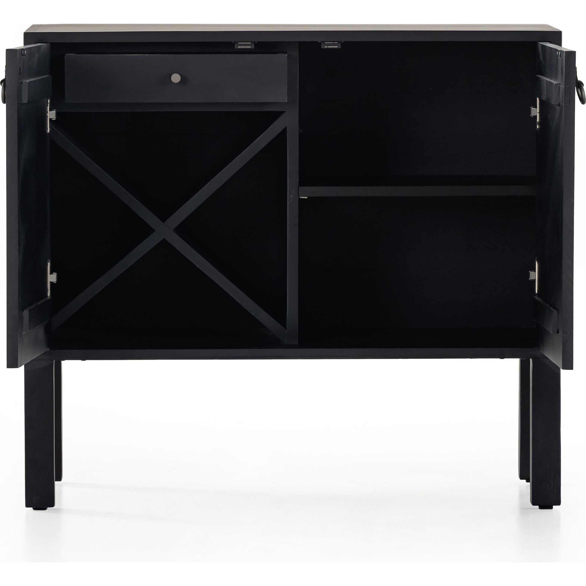 Isador Bar Cabinet by Four Hands in black wash poplar, natural iron, black leather and black wash poplar. Made from solid poplar, top grain leather in a modern style.