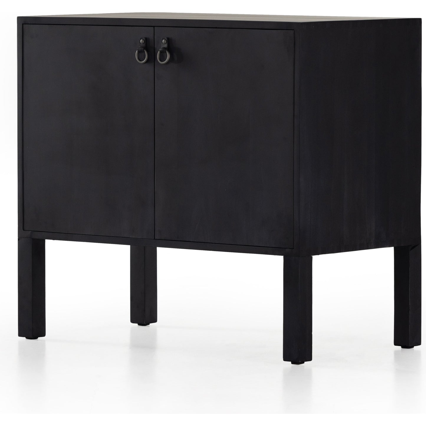 001 SI-1902046 | Additional Silo | Isador Bar Cabinet by Four Hands in black wash poplar, natural iron, black leather and black wash poplar. Made from solid poplar, top grain leather in a modern style.