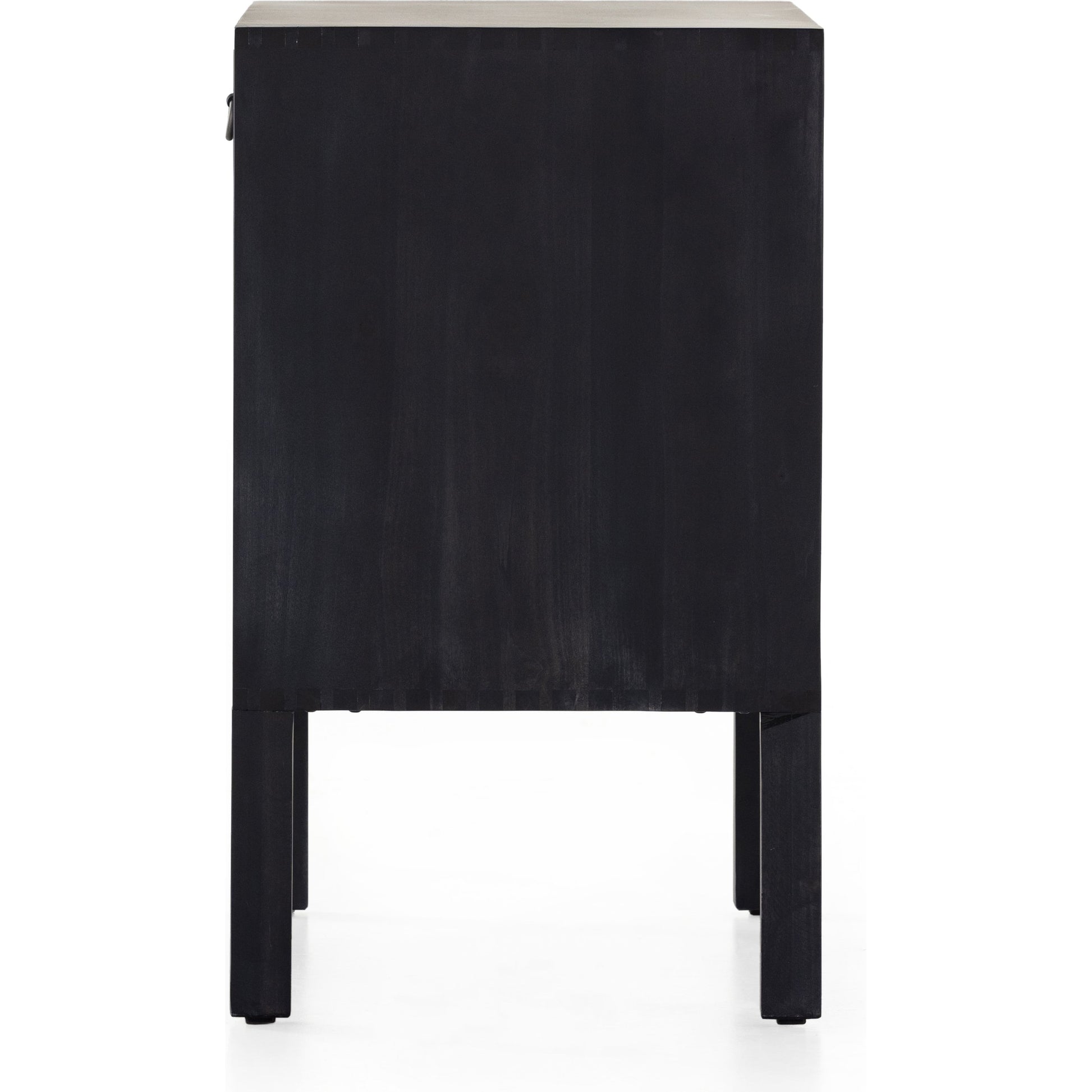 Isador Bar Cabinet by Four Hands in black wash poplar, natural iron, black leather and black wash poplar. Made from solid poplar, top grain leather in a modern style.