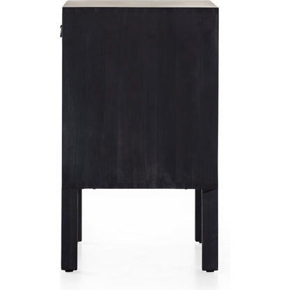 Isador Bar Cabinet by Four Hands in black wash poplar, natural iron, black leather and black wash poplar. Made from solid poplar, top grain leather in a modern style.