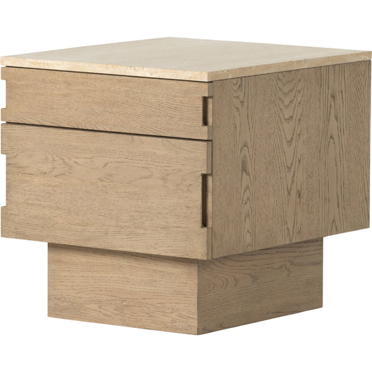 Jaylen Nightstand by Four Hands in yucca oak, travertine. Made from oak veneer, solid travertine in a transitional style.