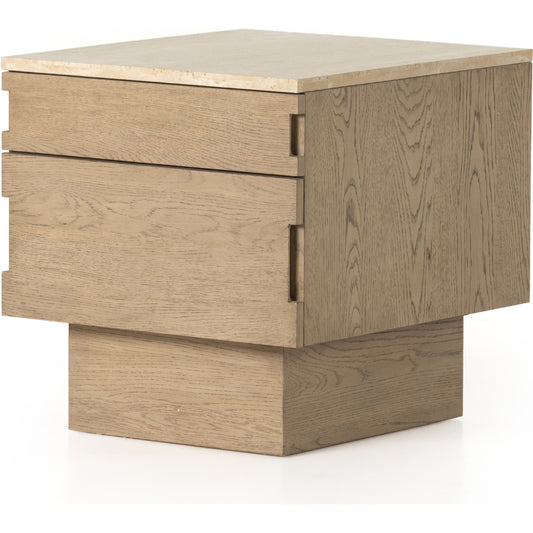 Jaylen Nightstand by Four Hands in yucca oak, travertine. Made from oak veneer, solid travertine in a transitional style.