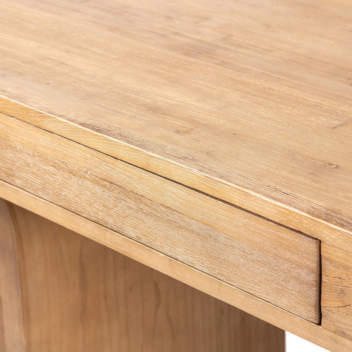 021 SI-1798974 | Closeup | Keane Desk by Four Hands in reclaimed natural elm. Made from solid reclaimed elm, solid nettlewood in a modern style.