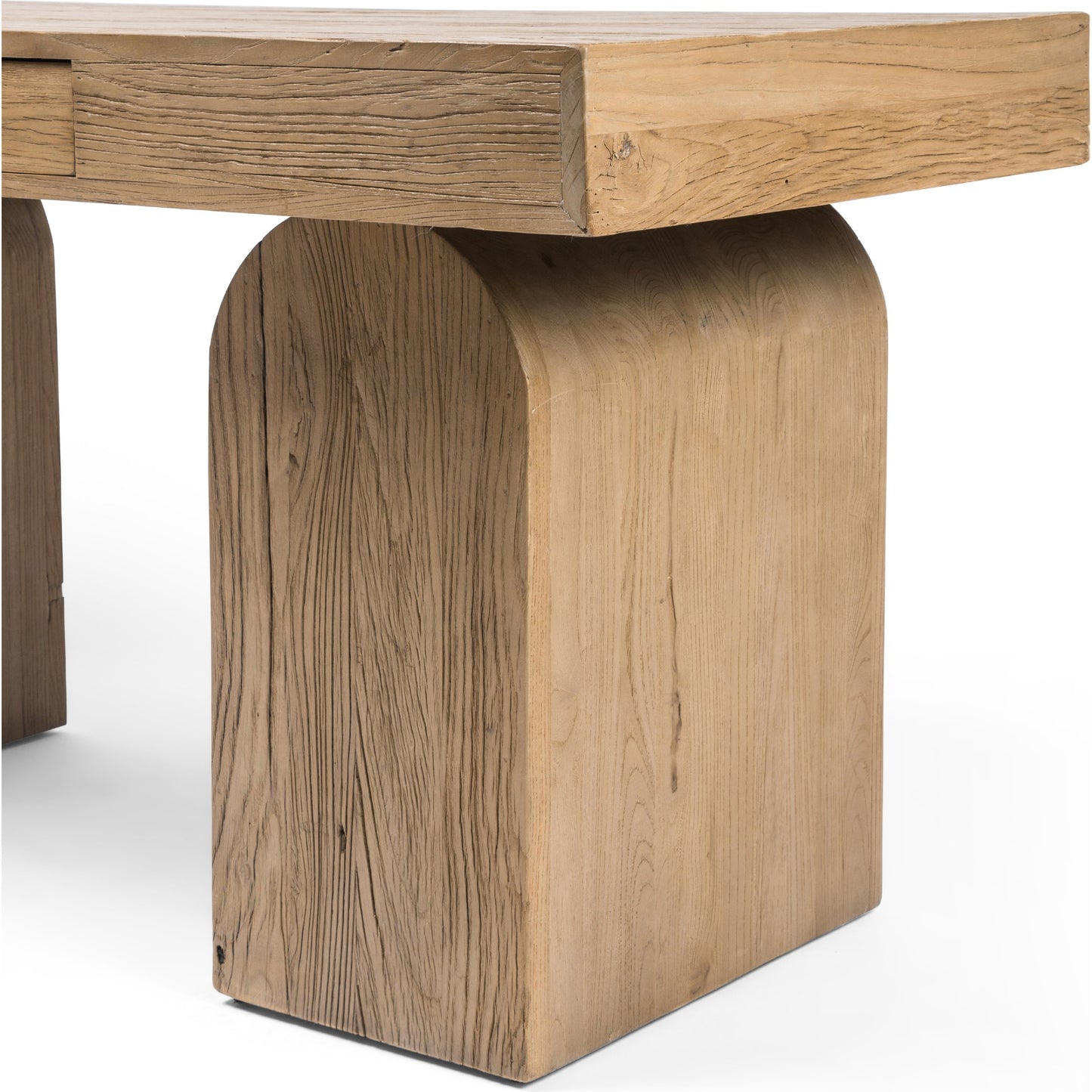 012 SI-1798974 | Closeup | Keane Desk by Four Hands in reclaimed natural elm. Made from solid reclaimed elm, solid nettlewood in a modern style.