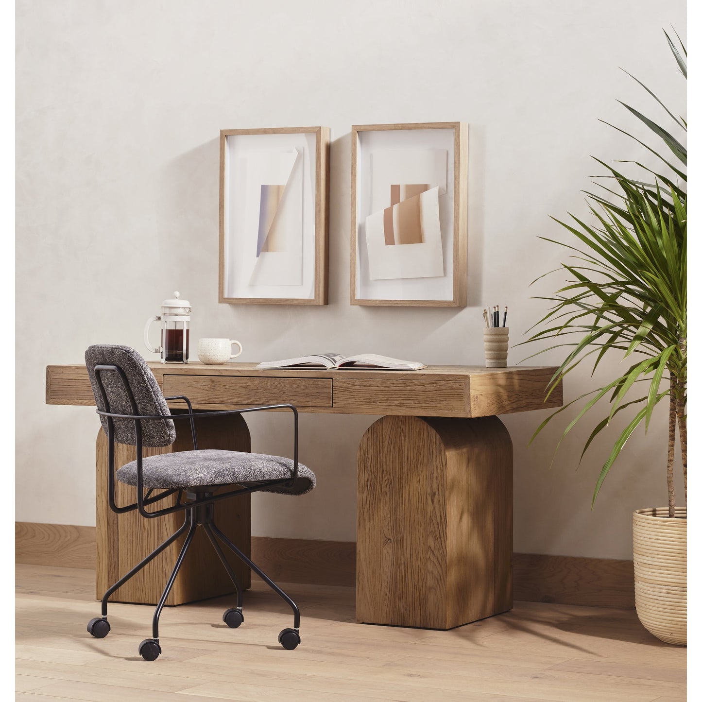 022 SI-1798974 | Lifestyle | Keane Desk by Four Hands in reclaimed natural elm. Made from solid reclaimed elm, solid nettlewood in a modern style.