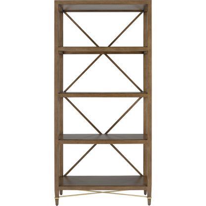 Verona Etagere by Currey and Company in chanterelle, champagne. Made from mahogany, iron in a transitional style.